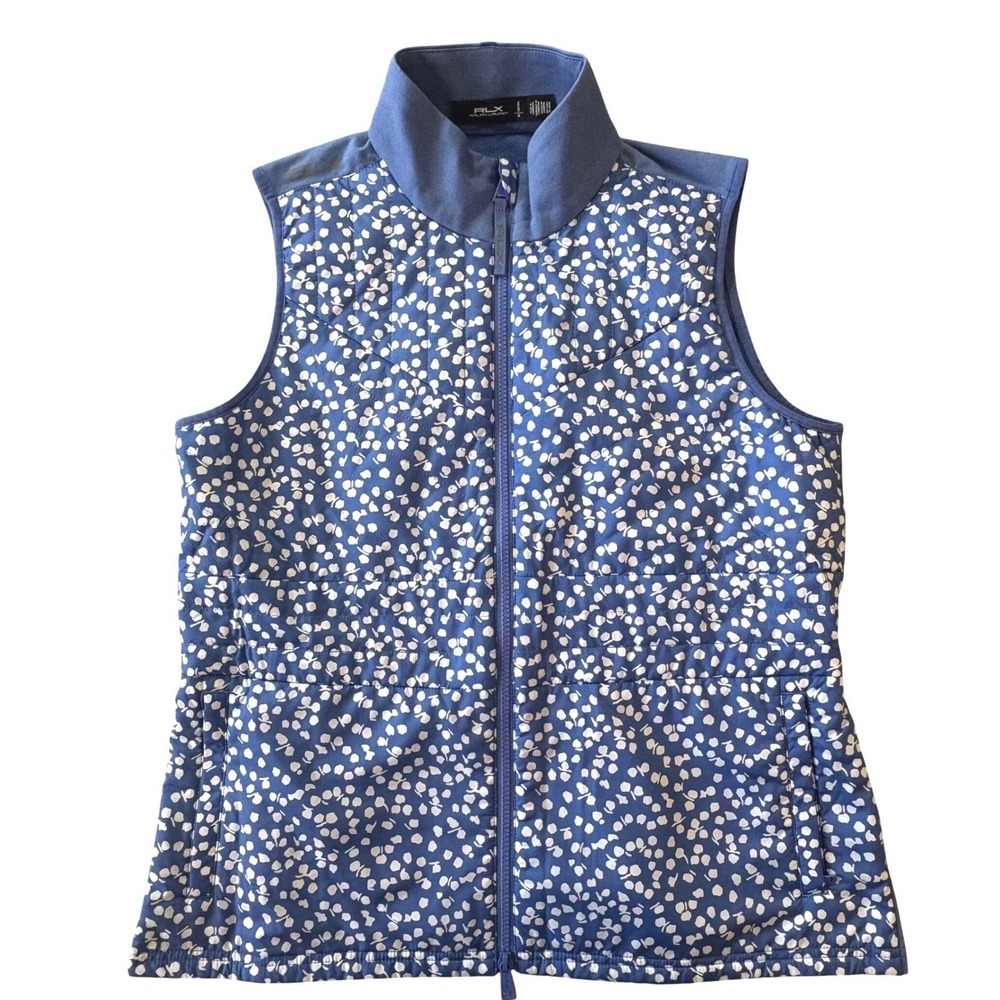 RLX Ralph Lauren Quilted Vest Womens M Pockets Blue Floral Print‎ Zip Puffer